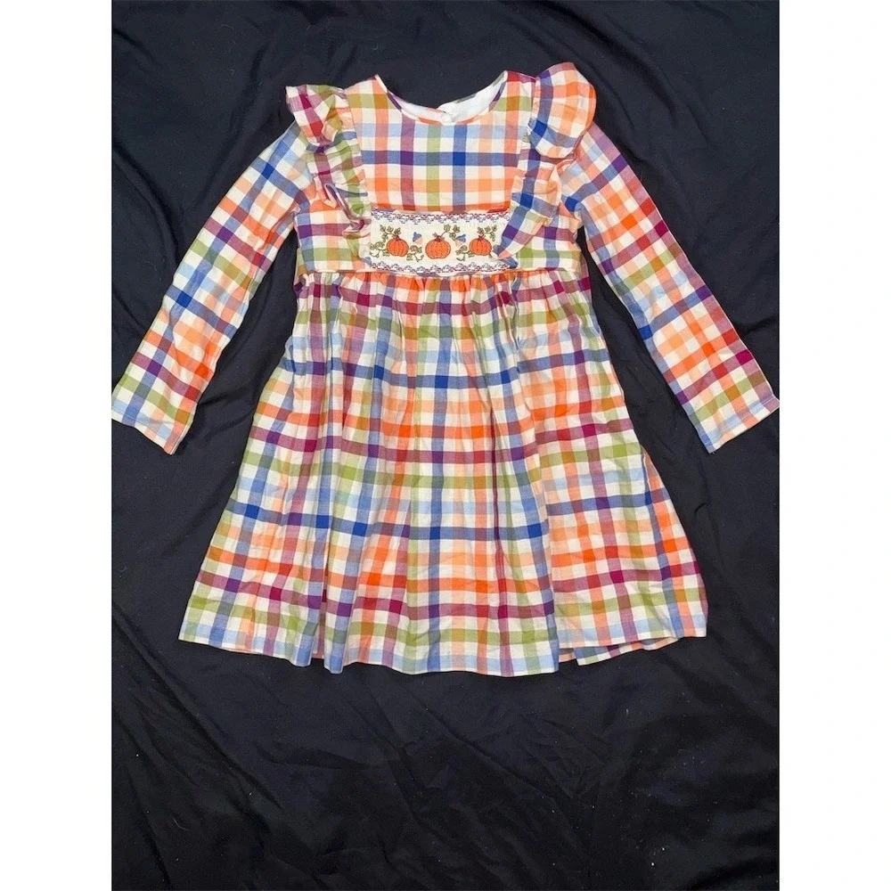 Bonnie Jean Girl Dress Size 4 Plaid autumn Smocked Pumpkin L/S fall thanksgiving